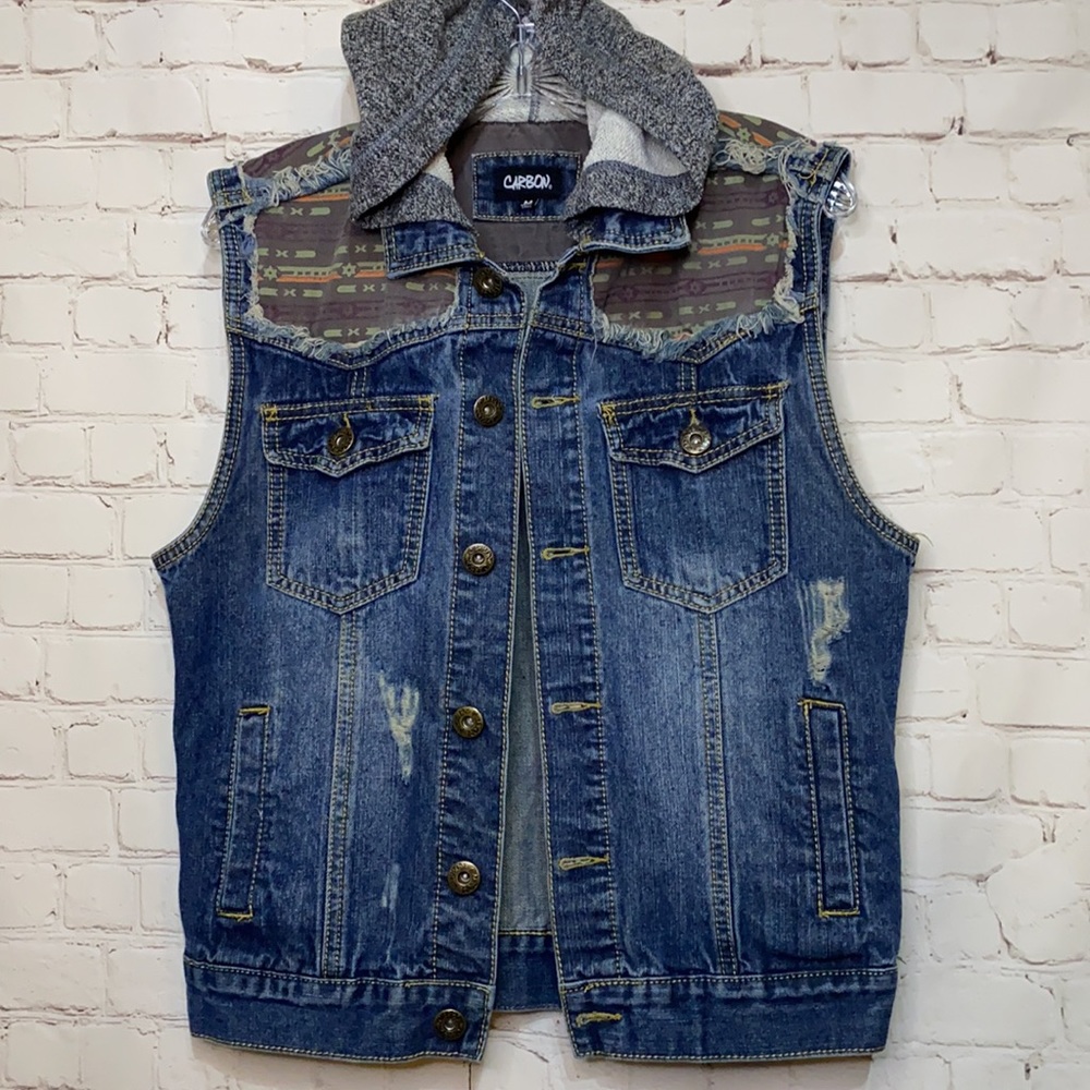 CARBON  Distressed Hooded Denim Vest Size M